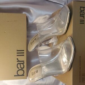 CLEAR VINYL CHERRP ARCHITECTURAL HEEL MULES BY BAR III